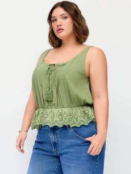 Cider - Eyelet Women's Tie-Up Scoop Neck Ruffle Hem Cami Top Green