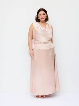 Cider - Satin Women's Cowl Neck Lace Panel Skirt Set Pink