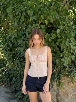 Cider - Floral Stripe Women's Square Neck Lace Trim Tank Blouse Pink