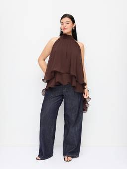 Cider - Chiffon Women's Halter Neck Ruffle Hem Blouse Brown