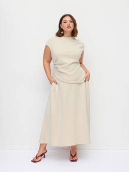 Cider - Ruched Asym Hem Women's Mock Neck Skirt Set Beige