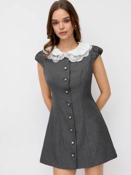 Cider - Lace Peter Pan Women's Puff Sleeve A-Line Mini Dress Grey