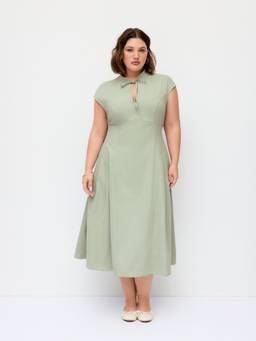 Cider - Tie-Neck Women's Stand Collar Flared Maxi Dress Green