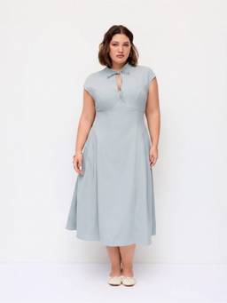 Cider - Tie-Neck Women Pocket Flared Maxi Dress Blue