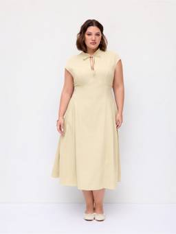 Cider - Stand Collar Women Tie-Neck Pocket Flared Maxi Dress Yellow