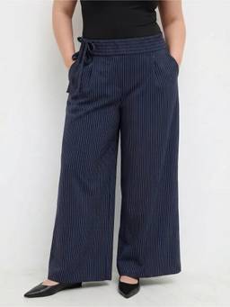 Cider - Striped Women's Mid Waist Tie-Up Wide Leg Trousers Navy Blue