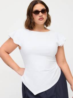 Cider - Cotton Blend Women Ruched Ruffle Sleeve Boat Neck Tee White