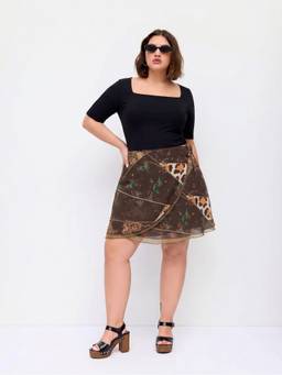 Cider - Chiffon Women's Aztec Print Asymmetrical Wrap Mini Skirt Brown