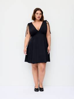 Cider - Satin Women's V-Neck Drawstring A-Line Mini Dress Black