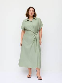 Cider - Linen Blend Women Twist Knot Shirt Midi Dress Green