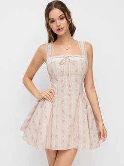 Cider - Floral Stripe Women's Square Neck Lace Trim Flared Mini Dress Pink