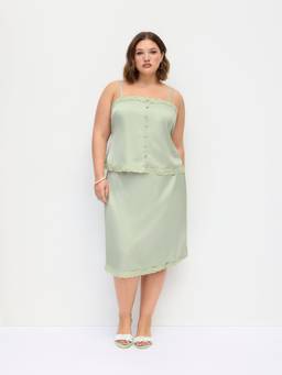 Cider - Satin Lace Trim Women's Button Cami Skirt Set Green