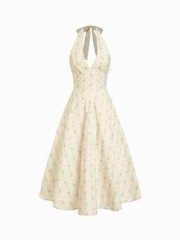Cider - Floral Lace Women's Halter Neck Lace-Up Backless Maxi Dress Cream