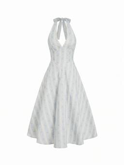 Cider - Floral Lace-Up Women's Halter Neck Backless Maxi Dress Blue