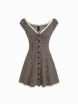Cider - Gingham Women's V-Neck Ruched A-Line Mini Dress Brown