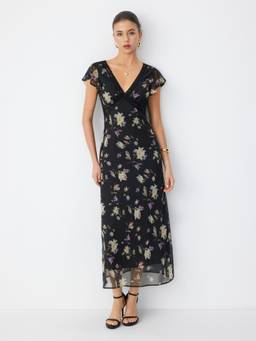 Cider - Chiffon Floral Women's V-Neck Ruffle Sleeve Maxi Dress Black