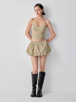 Cider - Cotton Blend Women Checks Sweetheart Skirt Set Khaki