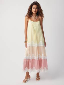 Cider - Textured Chiffon Women's Lace Panel Flared Maxi Dress Peach