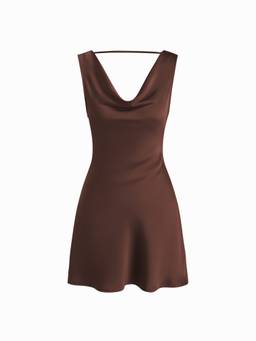 Cider - Satin Women's Cowl Neck Backless Metal Detail A-Line Mini Dress Brown