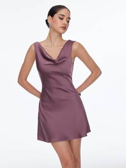 Cider - Satin Women's Cowl Neck Backless Metal Detail A-Line Mini Dress Purple