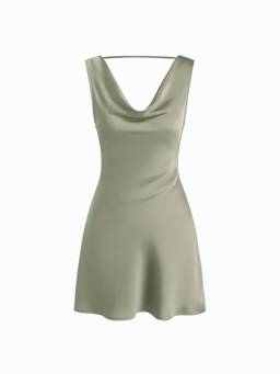 Cider - Satin Women's Cowl Neck Backless A-Line Mini Dress Matcha Green