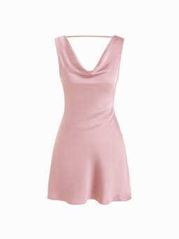 Cider - Satin Women's Backless Metal Detail A-Line Mini Dress Pink