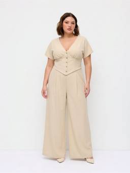 Cider - Linen-Blend Women’s V-Neck Ruched Wide-Leg Jumpsuit Beige