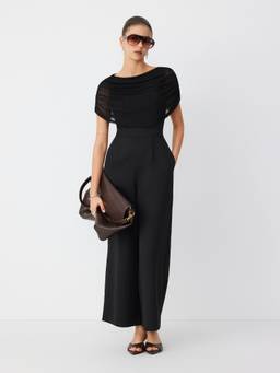 Cider - Mesh Women's Ruched Boat Neck Straight Leg Jumpsuit Black