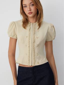 Cider - Cotton Women's Puff Sleeve Lace Panel Blouse Khaki
