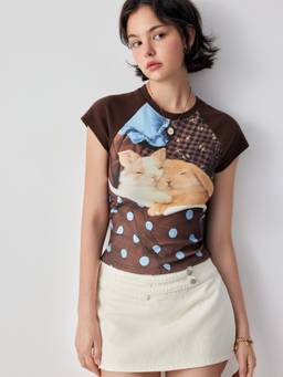 Cider - Cotton Blend Women's Bunny Graphic Raglan Sleeve T-Shirt Brown