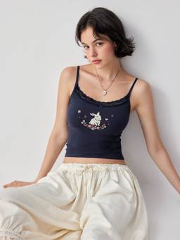 Cider - Bunny Graphic Sweetheart Neck Lace Trim Women's Cami Top Navy Blue