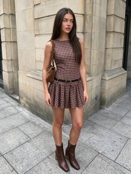 Cider - Plaid Women's Boat Neck Drawstring A-Line Mini Dress Burgundy