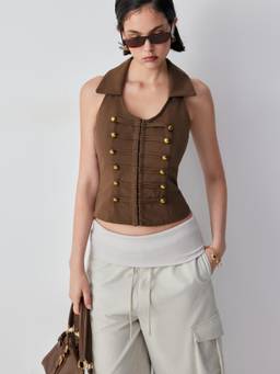 Cider - Napoleon Women's Metal Detail Corset Tank Top Brown