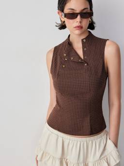 Cider - Plaid Women's Sleeveless Stand Collar Blouse Wine