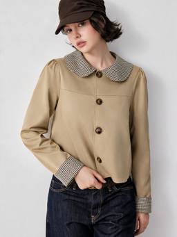 Cider - Gingham Women's Reversible Peter Pan Collar Jacket Khaki