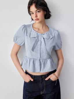 Cider - Gingham Women's Puff Sleeve Bow Peplum Blouse Sky Blue