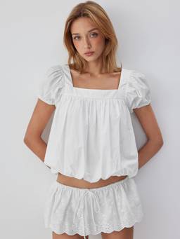 Cider - Cotton Blend Women Ruched Puff Sleeve Square Neck Blouse White
