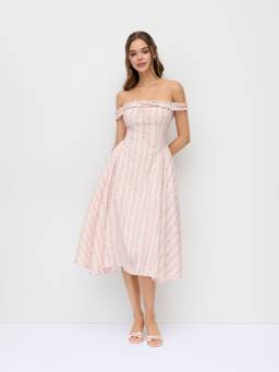 Cider - Floral Women's Off-Shoulder Ruffle Flared Midi Dress Purple