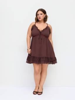 Cider - Chiffon Women's V-Neck Lace Ruffle Hem Mini Dress Brown