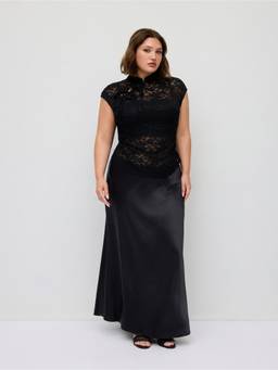 Cider - Lace Women's Ruched Mandarin Neck Skirt Set Black