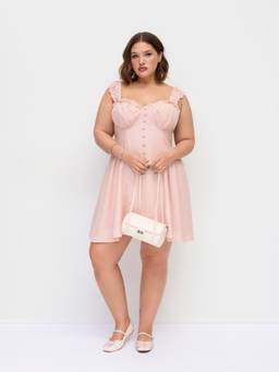 Cider - Linen Blend Women's Sweetheart Shirred Flared Mini Dress Pink