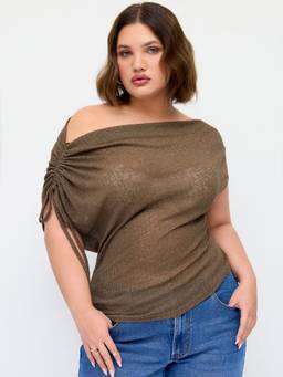 Cider - Linen Blend Women Sheer Off-Shoulder Drawstring Top Coffee