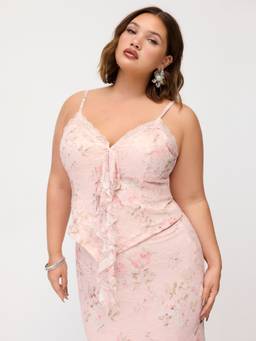 Cider - Lace Trim Women's Floral Tie-Front Skirt Set Pink