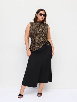 Cider - Leopard Print Women Stand Collar Skirt Set Brown