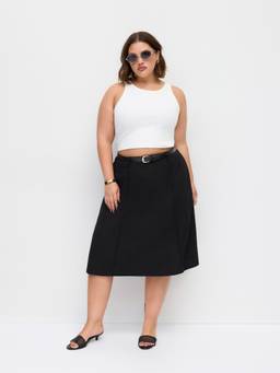 Cider - Women's Mid-Rise A-Line Belted Zipper Midi Skirt Black
