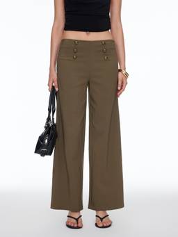 Cider - Low Rise Women's Metal Detail Wide Leg Trousers Olive Green