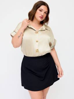 Cider - Satin Women's Metal Detail Collar Neck Blouse Bodysuit Champagne