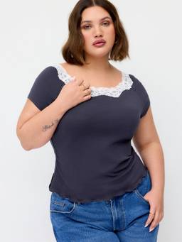 Cider - Cotton Blend Women Lace Trim Round Neck Short Sleeve Top Navy Blue