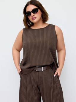 Cider - Striped Women's Sleeveless Belted Wide Leg Pant Set Coffee