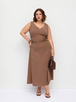Cider - Textured Women's Sleeveless V-Neck A-Line Maxi Dress Brown